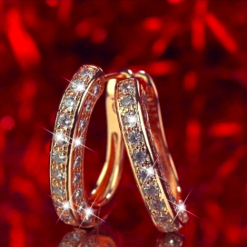 Womens 3 Sided Full Rhinestone Earrings Rose Gold